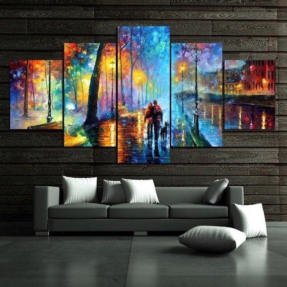 Walking In The Rain Nightscape - Abstract 5 Panel Canvas Art Wall Decor Walking In The Rain Nightscape - Abstract 5 Panel Canvas Art Wall Decor