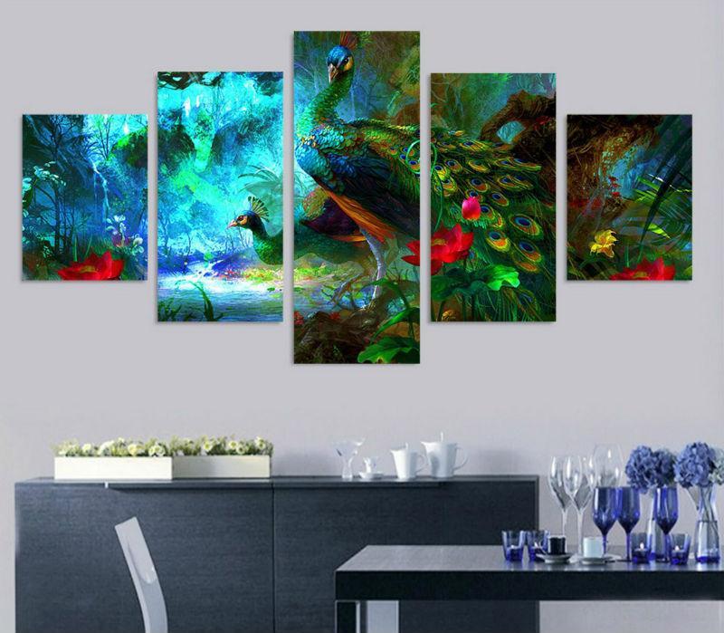 Wallation Colorful Peacocks Landscape Oil - Animal 5 Panel Canvas Art Wall Decor Wallation Colorful Peacocks Landscape Oil - Animal 5 Panel Canvas Art Wall Decor