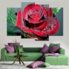 Water Droplets Red Rose Flowers - Nature 5 Panel Canvas Art Wall Decor