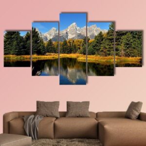 Water Reflections In Fall In The Grand Tetons - Nature 5 Panel Canvas Art Wall Decor