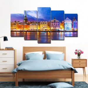 Water city lighting Night - Nature 5 Panel Canvas Art Wall Decor