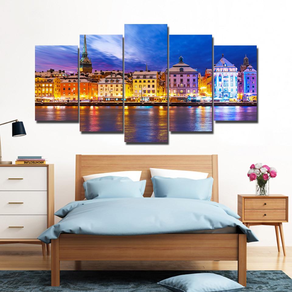 Water city lighting Night - Nature 5 Panel Canvas Art Wall Decor Water city lighting Night - Nature 5 Panel Canvas Art Wall Decor