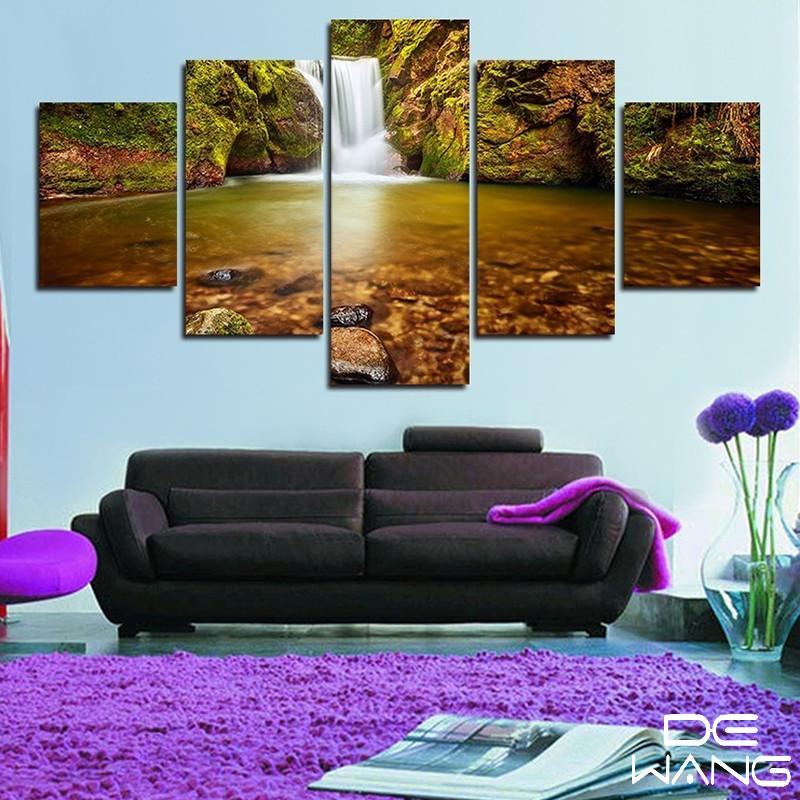Waterfall And Autumn Leaves - Nature 5 Panel Canvas Art Wall Decor Waterfall And Autumn Leaves - Nature 5 Panel Canvas Art Wall Decor