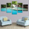 Waterfall And Green Lake - Nature 5 Panel Canvas Art Wall Decor