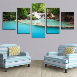 Waterfall And Green Lake - Nature 5 Panel Canvas Art Wall Decor
