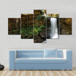 Waterfall At Rocky Place - Nature 5 Panel Canvas Art Wall Decor