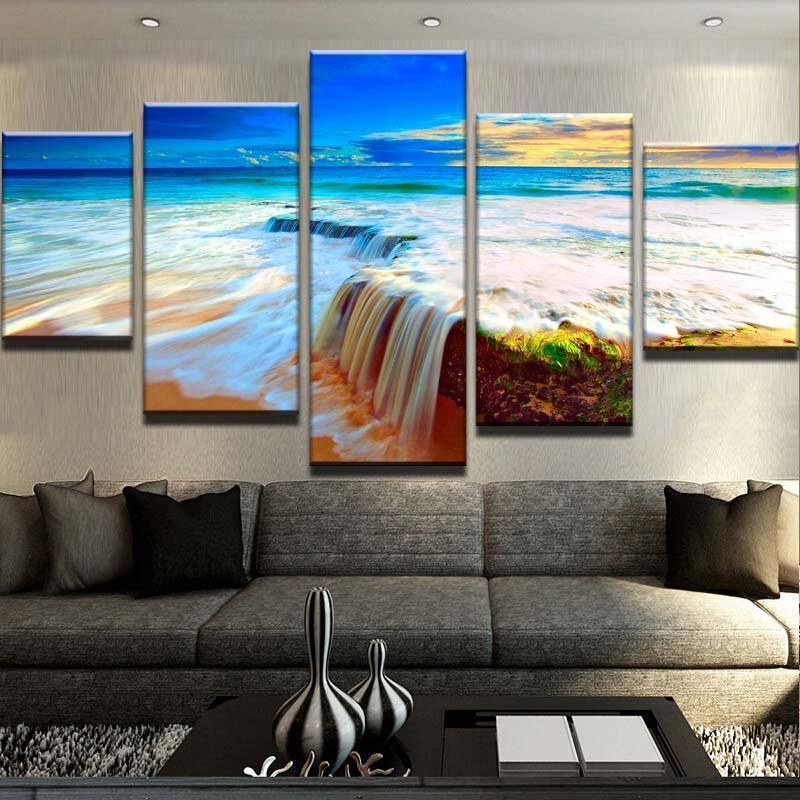 Waterfall Beach - Nature 5 Panel Canvas Art Wall Decor Waterfall Beach - Nature 5 Panel Canvas Art Wall Decor