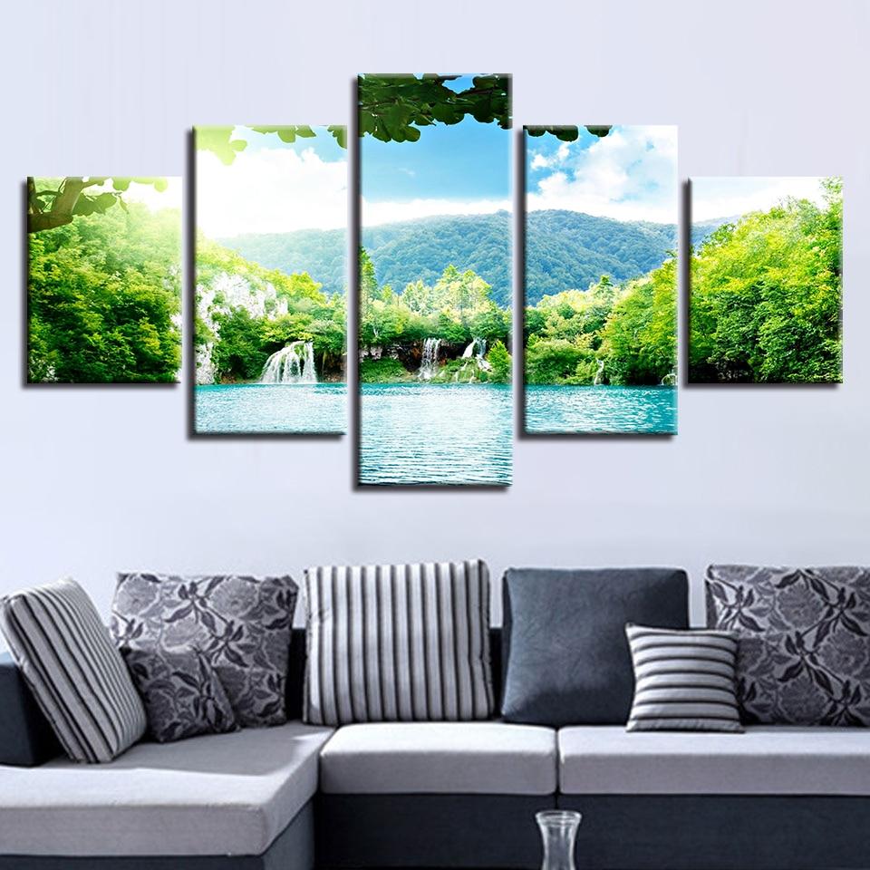 Waterfall Green Mountain Green - Nature 5 Panel Canvas Art Wall Decor Waterfall Green Mountain Green - Nature 5 Panel Canvas Art Wall Decor