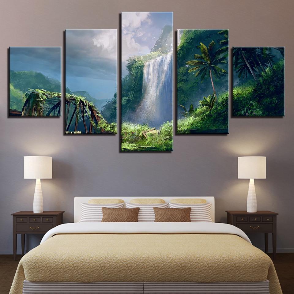 Waterfall Green Tree - Nature 5 Panel Canvas Art Wall Decor Waterfall Green Tree - Nature 5 Panel Canvas Art Wall Decor