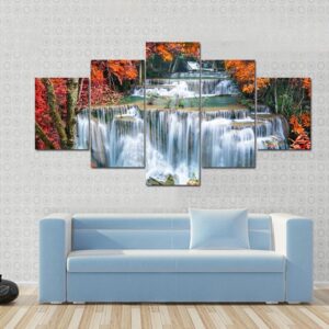 Waterfall In Autumn Forest - Nature 5 Panel Canvas Art Wall Decor