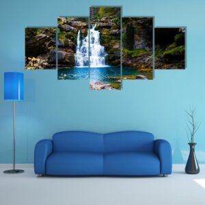 Waterfall In Monter Perdido Spain - Nature 5 Panel Canvas Art Wall Decor