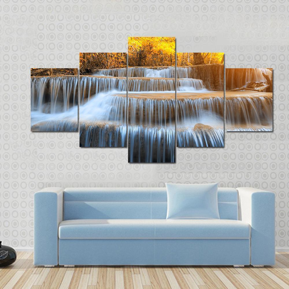 Waterfall In Yellow Forest - Nature 5 Panel Canvas Art Wall Decor Waterfall In Yellow Forest - Nature 5 Panel Canvas Art Wall Decor
