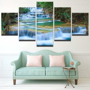 Waterfall Lake View - Nature 5 Panel Canvas Art Wall Decor