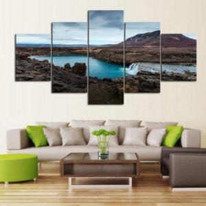 Waterfall Lake - Nature 5 Panel Canvas Art Wall Decor