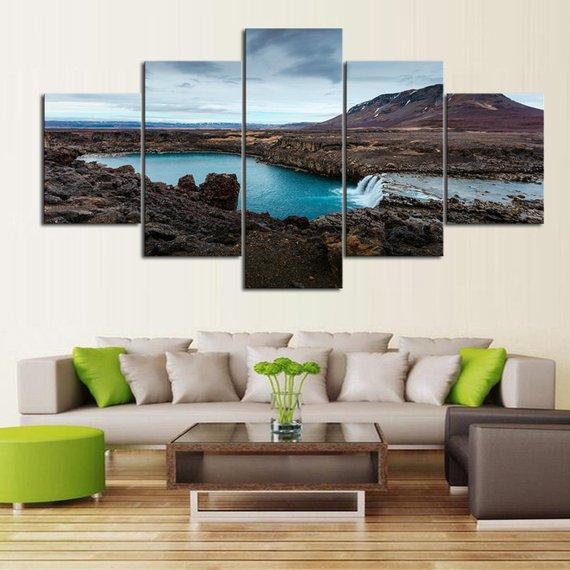 Waterfall Lake - Nature 5 Panel Canvas Art Wall Decor Waterfall Lake - Nature 5 Panel Canvas Art Wall Decor