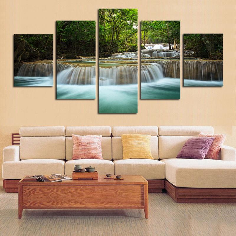 Waterfall River Forest - Nature 5 Panel Canvas Art Wall Decor Waterfall River Forest - Nature 5 Panel Canvas Art Wall Decor