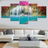 Waterfall Under Red Flowers- Nature 5 Panel Canvas Art Wall Decor