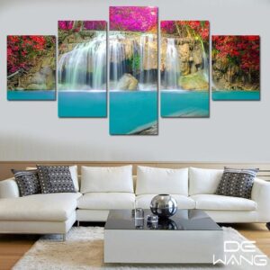 Waterfall Under Red Flowers- Nature 5 Panel Canvas Art Wall Decor