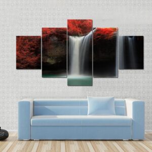 Waterfall With Red Trees - Nature 5 Panel Canvas Art Wall Decor