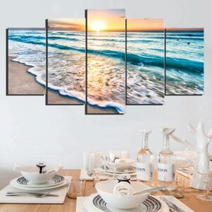 Waves On Beach At Sunset - Nature 5 Panel Canvas Art Wall Decor