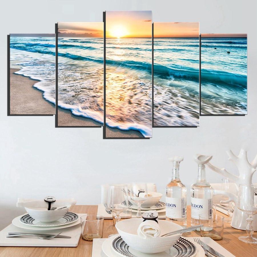 Waves On Beach At Sunset - Nature 5 Panel Canvas Art Wall Decor Waves On Beach At Sunset - Nature 5 Panel Canvas Art Wall Decor