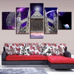 Westminster Abbey And Abstract Planets Night - Nature 5 Panel Canvas Art Wall Decor