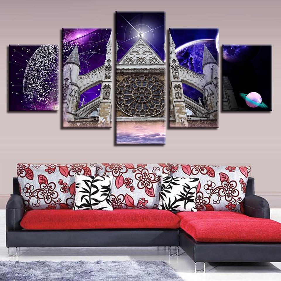 Westminster Abbey And Abstract Planets Night - Nature 5 Panel Canvas Art Wall Decor Westminster Abbey And Abstract Planets Night - Nature 5 Panel Canvas Art Wall Decor