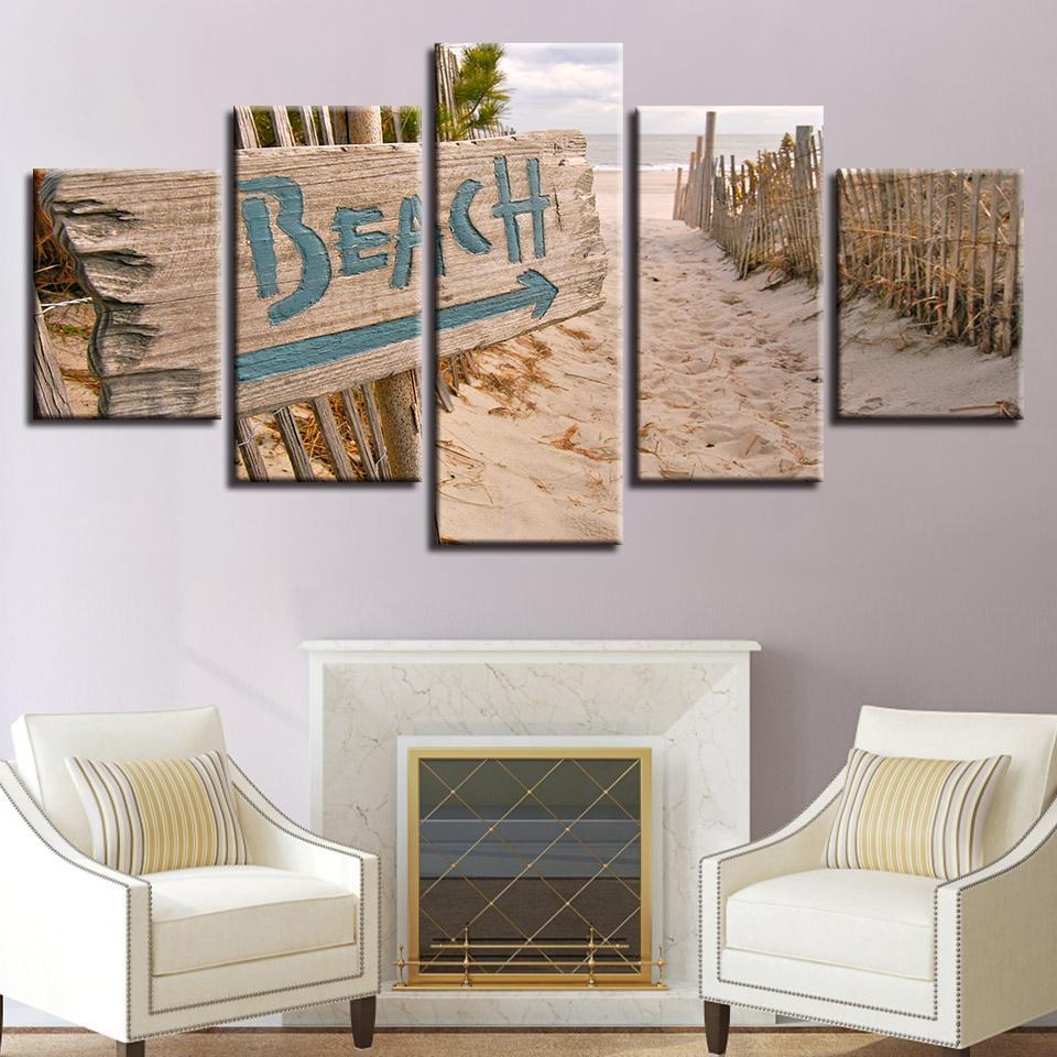White Beach With Fence - Nature 5 Panel Canvas Art Wall Decor White Beach With Fence - Nature 5 Panel Canvas Art Wall Decor