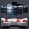 White Clouds Big Bright Moon In Ocean - Nature 5 Panel Canvas Art Wall Decor
