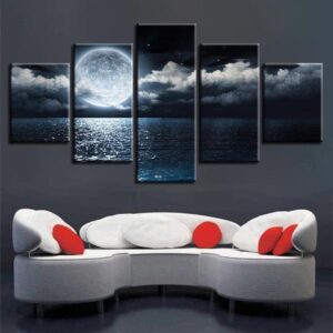 White Clouds Big Bright Moon In Ocean - Nature 5 Panel Canvas Art Wall Decor