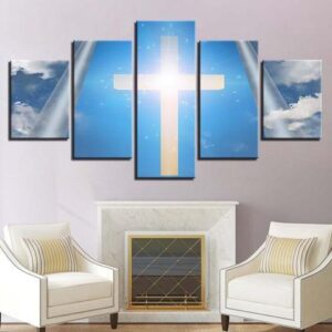 White Cross In The Sky - Religion 5 Panel Canvas Art Wall Decor