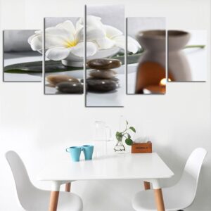 White Flowers And Stone - Nature 5 Panel Canvas Art Wall Decor