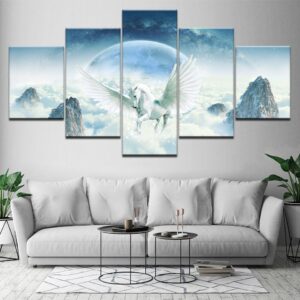 White Horse And Wings Wonderland Scenery - Abstract Animal 5 Panel Canvas Art Wall Decor