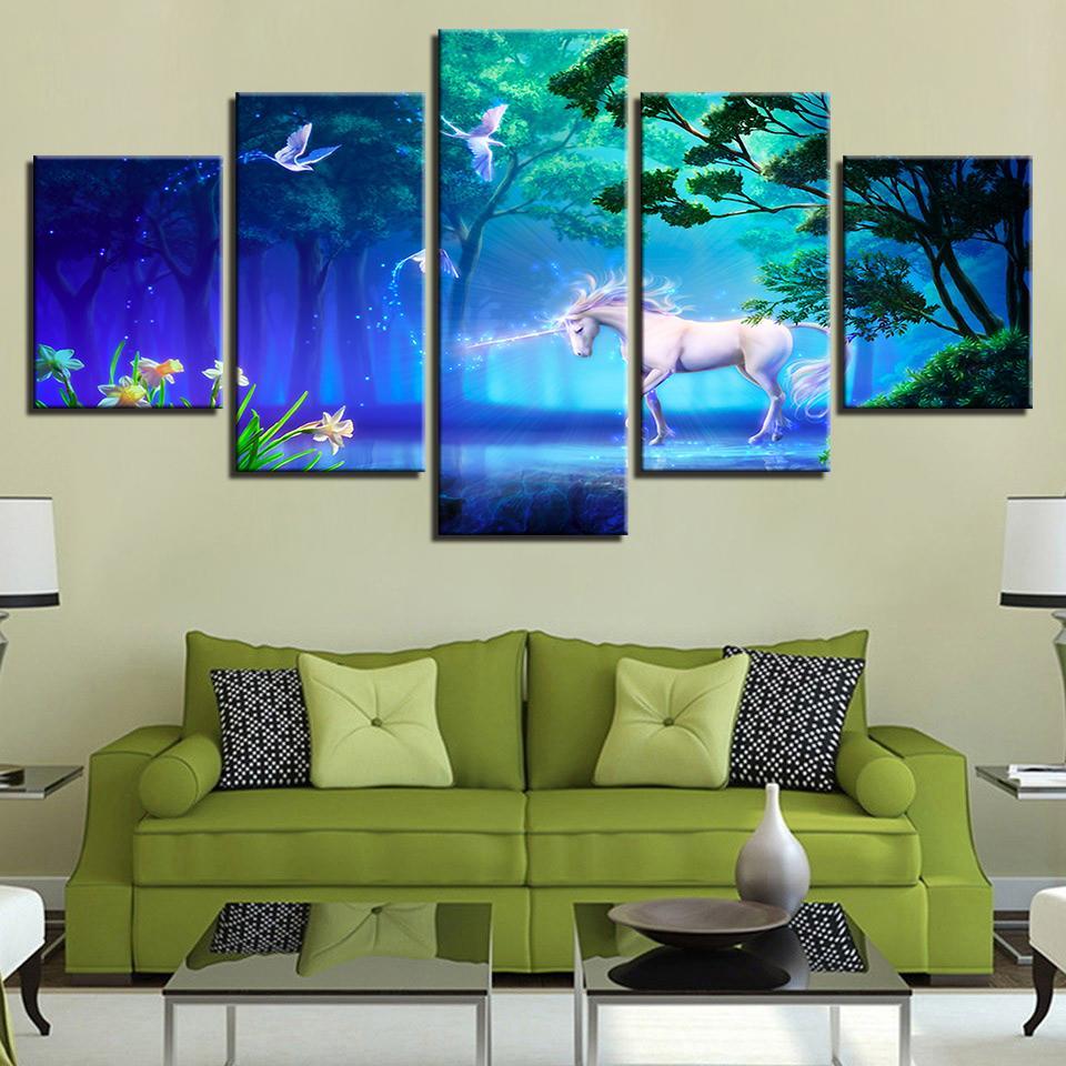 White Horse Animals Dream Forest Unicorn - Abstract Animal 5 Panel Canvas Art Wall Decor White Horse Animals Dream Forest Unicorn - Abstract Animal 5 Panel Canvas Art Wall Decor