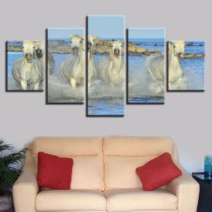 White Horse In The Water Running - Animal 5 Panel Canvas Art Wall Decor