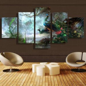 White Horse Peacock - Animal 5 Panel Canvas Art Wall Decor