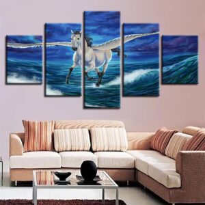 White Horse Wings Running - Animal 5 Panel Canvas Art Wall Decor
