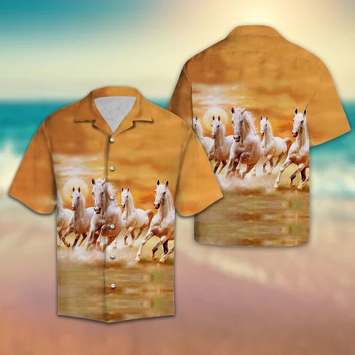 White Horses Hawaiian Shirt Summer Button Up White Horses Hawaiian Shirt Summer Button Up