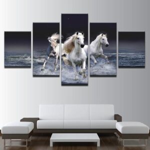White Horses Running In Water - Animal 5 Panel Canvas Art Wall Decor
