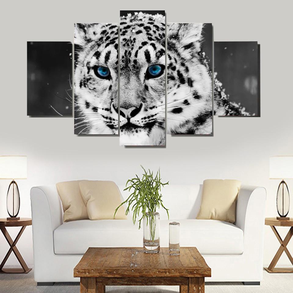 White Leopard And Itsy Blue Eyes - Animal 5 Panel Canvas Art Wall Decor White Leopard And Itsy Blue Eyes - Animal 5 Panel Canvas Art Wall Decor