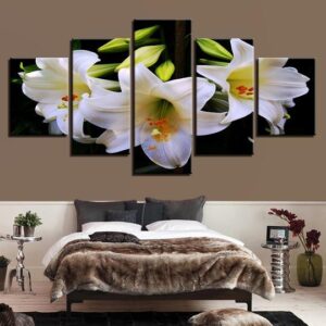 White Lillies - Nature 5 Panel Canvas Art Wall Decor