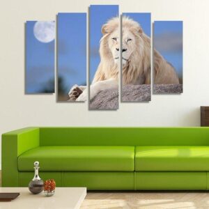White Lion In The Moonlight - Animal 5 Panel Canvas Art Wall Decor