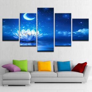 White Lotus By Moonlight - Nature 5 Panel Canvas Art Wall Decor