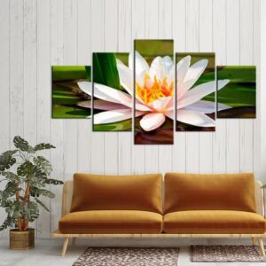White Lotus Flowers - Nature 5 Panel Canvas Art Wall Decor