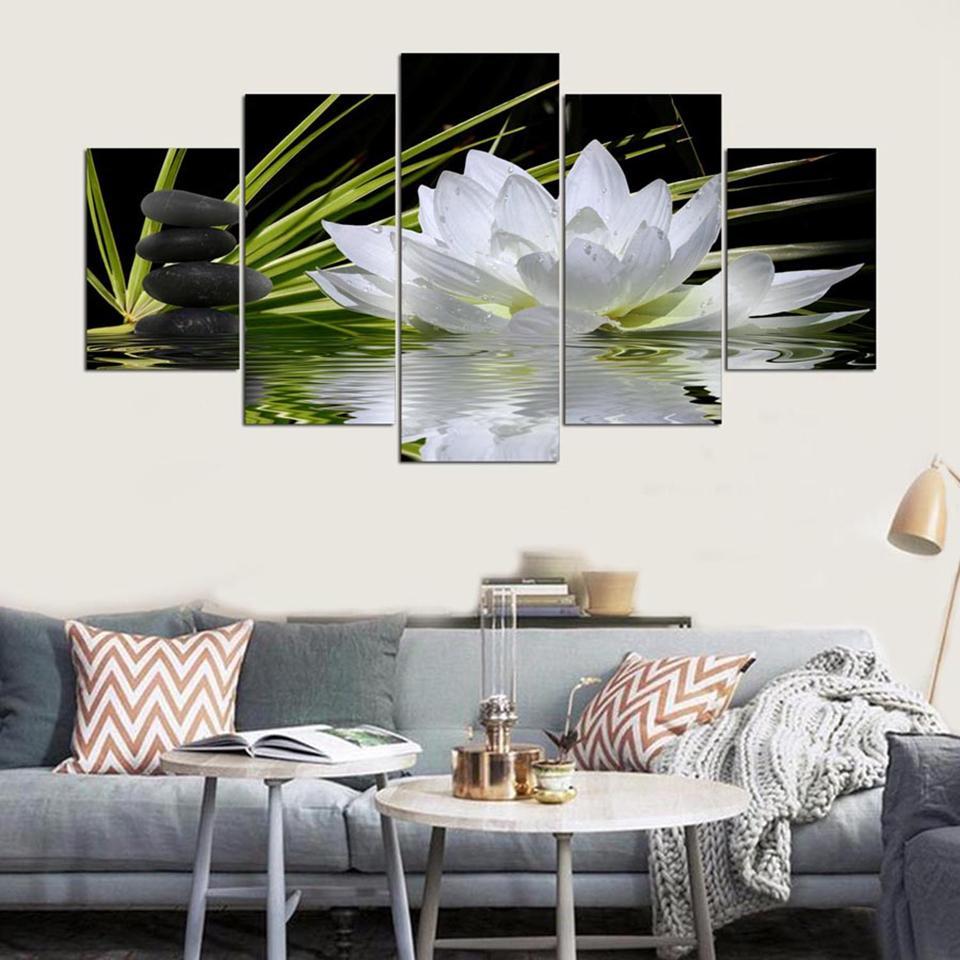 White Lotus Stones Flowers Lake Water - Nature 5 Panel Canvas Art Wall Decor White Lotus Stones Flowers Lake Water - Nature 5 Panel Canvas Art Wall Decor