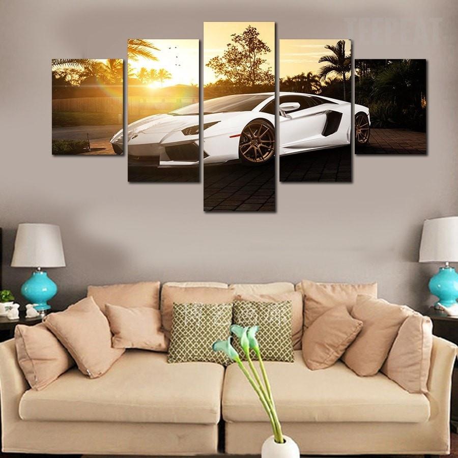 White Supercar Before The Rising Sun - Automative 5 Panel Canvas Art Wall Decor White Supercar Before The Rising Sun - Automative 5 Panel Canvas Art Wall Decor