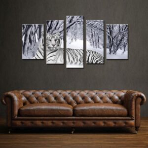White Tiger In Snow Forest - Animal 5 Panel Canvas Art Wall Decor