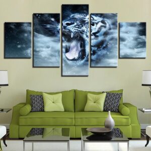 White Tiger Open Its Big Mouth - Animal 5 Panel Canvas Art Wall Decor