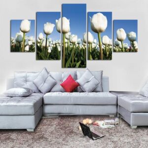 White Tulips Flower - Nature 5 Panel Canvas Art Wall Decor