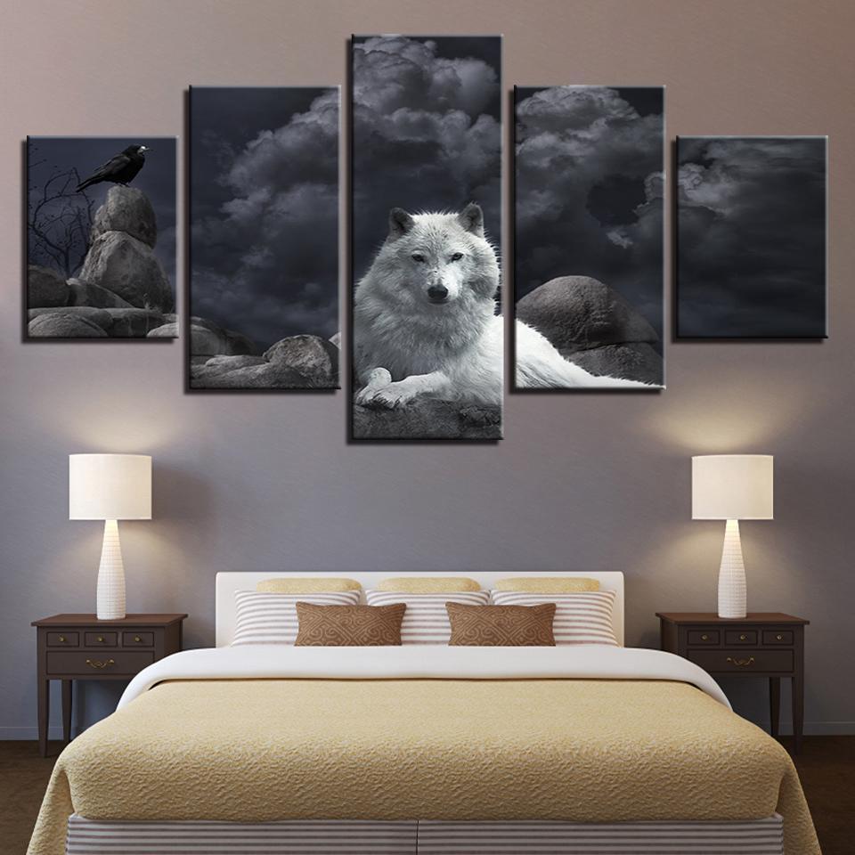 White Wolf And Bird Animals Night - Animal 5 Panel Canvas Art Wall Decor White Wolf And Bird Animals Night - Animal 5 Panel Canvas Art Wall Decor